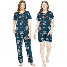 zeyo Night Suit for Women's Cheetah & Floral Printed Cotton Night Dress of Top,Pajama & Short's 3Pc'S Set 5733-picture-15