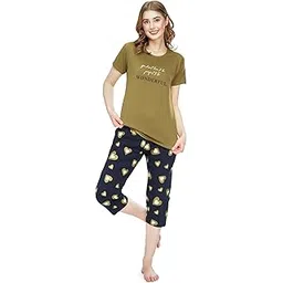 zeyo Night Suit for Women's Heart Printed Cotton Night Dress of Top and Capri Set 5745-picture-43