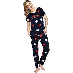 zeyo Night Suit for Women's Navy Blue Heart Printed Cotton Night Dress of Top and Pajama Set 5780-picture-33