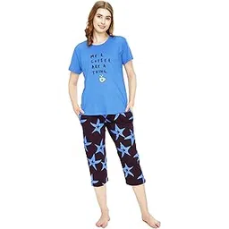 zeyo Night Suit for Women's Star Printed Cotton Night Dress of Top and Capri Set 5746-picture-24