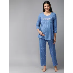 Zeyo Women Blue & White Conversational Printed Cotton Maternity Pyjama Set-picture-13
