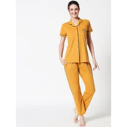 Zeyo Women Mustard Solid Pure Cotton Night Suit-picture-10