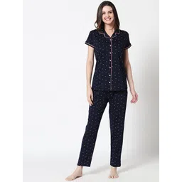 Zeyo Women Navy Blue & Pink Printed Pure Cotton Night suit-picture-25