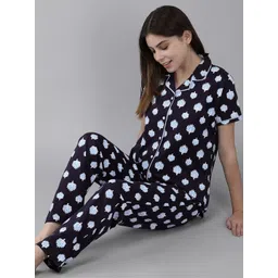 Zeyo Women Navy Blue Printed Cotton Night suit-picture-34