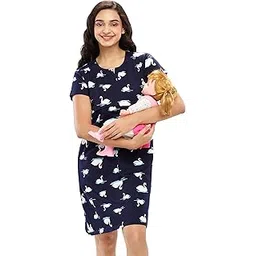 zeyo Women's Cotton Night Dress Swan Printed Feeding Short Nighty Night Gown 5636-picture-33