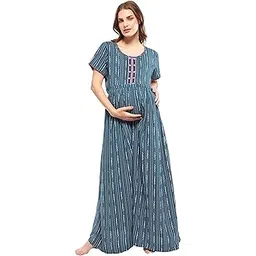 zeyo Women's Rayon Stripes Printed Maternity Feeding Maxi Nighty-picture-10