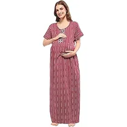 zeyo Women's Rayon Stripes Printed Maternity Feeding Maxi Nighty-picture-34