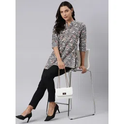 ZHEIA Floral Print Mandarin Collar Roll-Up Sleeves Shirt Style Top-picture-11