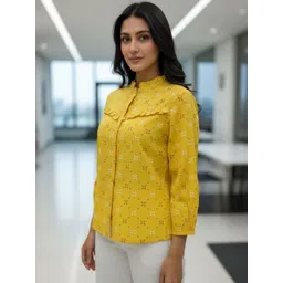 ZHOF Geometric Print Mandarin Collar Ruffles Ethnic Cotton Top-picture-41