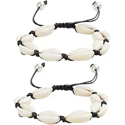 Nature Shell Pearl Anklet Bracelet Adjustable Boho Beach Rope Handmade Foot Jewelry for Women Girls 2Pcs (Black Rope Anklet Bracelet)-image-8