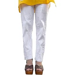 zibaa Womens Cotton Pants in White Color with Chikankari Lucknowi Embroidery | Ethnic Indian Bottom Wear Trousers for Women Suitable for Festive Cultural and Traditional Occasions-picture-22