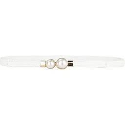 zibuyu Women Skinny Stretchy Waist Belt, Gold Pearl Buckle Elastic Thin Waistband for Dress-White-picture-37