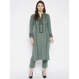 Zigo Women Green Ethnic Motifs Embroidered Panelled Winter Kurta with Trousers-picture-31