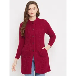 Zigo Women Maroon Cable Knit Woolen Longline Cardigan Sweater-picture-14
