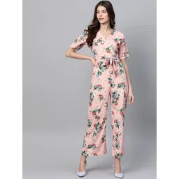 Zima Leto Floral Printed V-Neck Waist Tie-Ups Basic Jumpsuit-image-19