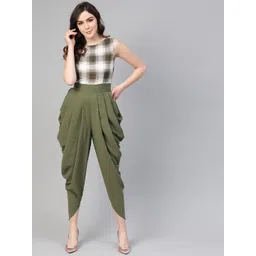 Zima Leto Women Olive Green & Off-White Checked Culotte Jumpsuit-picture-12