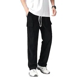 zimist Men's Casual Cargo Pants, Black Corduroy, Drawstring Waist, Straight Leg with Side Pockets-picture-30