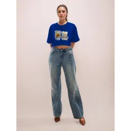 Zink London Blue Cotton Graphic Cropped T-Shirt-picture-41