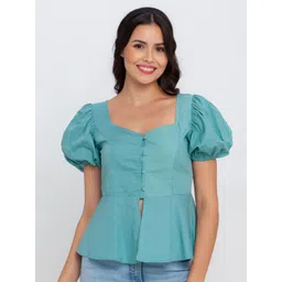 Zink London Green Solid Blouson Pure Cotton Top-picture-24