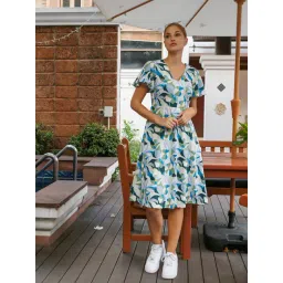 Zink London Off-White & Blue Printed A-Line Dress-picture-25