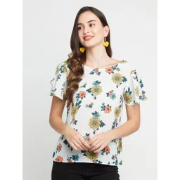 Zink London Off Women White & Peach-Coloured Floral Print Top-picture-28