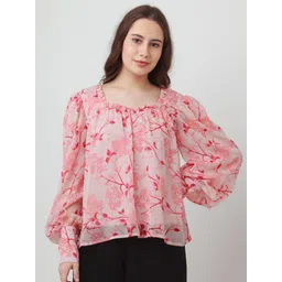 Zink London Pink & Red Floral Print Cuffed Sleeves Top-picture-34