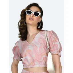 Zink London Printed V Neck Puffed Sleeves Crop Top-picture-19