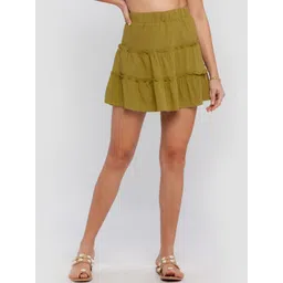 Zink London Women Green Solid Flared Mini Skirts-picture-36