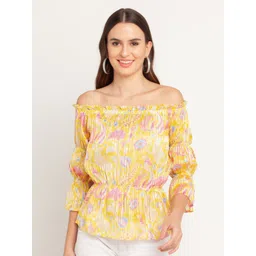 Zink London Yellow & Pink Floral Print Off-Shoulder Accordion Pleats Cinched Waist Top-picture-24