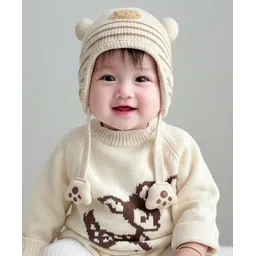 Ziory Wool Bear Designed Paw Shaped Pom Pom Detailed Cap - Off White - Circumference 46 - 50 Cm-picture-27