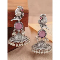 Zoey Silver Plated Pearls Beaded Parrot Shaped Oxidised Jhumkas-picture-40