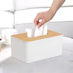 Zollyss Bamboo Cover Plastic Tissue Box Holder | Tissue Paper Holder Box Case | Tissue Holder Dispenser Organizer for Car Decor Home, 21x12.5x9.5 cm-picture-18