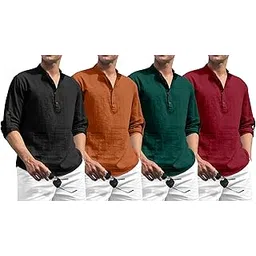 zombom Combo of Men's Solid Cotton Blend Full Sleeve Mandarin/Chinese Collor Straight Kurta Shirt (Pack of 4)-picture-46
