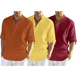 zombom Combo of Men's Solid Cotton Polyester Blend Full Sleeve Mandarin/Chinese Collor Straight Kurta Shirt (Pack of 3)-picture-39