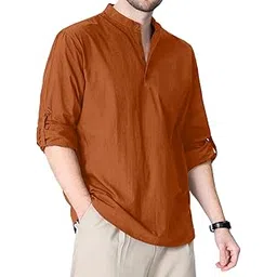 zombom Cotton Blend Solid Casual Regular Fit Mandarin/Chinese Collor Short Kurta Shirt for Men-picture-23