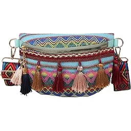 ZOOMELLA Bohemian Fanny Pack Bag Fashionable with Tassels Chest Bag for Running Blue-picture-15