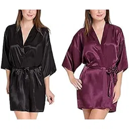 zoroo Knee Length 3/4 Sleeves Women Satin Kimono Nightwear Robe with Adjustable & Removable sash tie Closure for Comfortable fit (Pack of 2)-picture-10