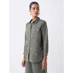 Zuba by Westside Olive Floral Embroidered Linen-Blend Tunic-picture-10