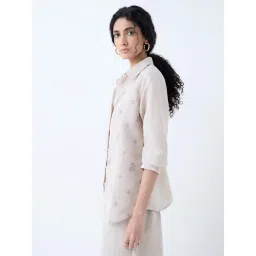 Zuba by Westside Taupe Floral Embroidered Linen-Blend Ethnic Tunic-picture-35