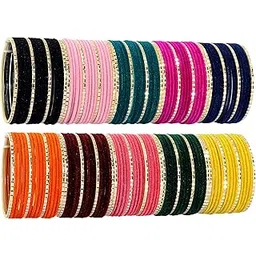 zulka Multicolour Simple Velvet Metal Bangles For Women & Girls | Traditional Women's Bangles | Colorful Velvet Bangles Combo Pack | Plain Metal Bangles | Wedding, Party, Daiy use Bangles-picture-36