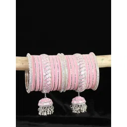 ZULKA Set Of 38 Silver-Plated Cubic Zirconia-Studded Bell Latkan Chuda Bangles-picture-24