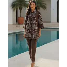 ZUMMER Embroidered Cotton Shirt Collar Neck Shirt With Trousers Co-Ords-picture-40