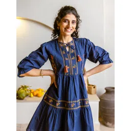 ZUMMER Ethnic Motifs Embroidered Lace Inserts Puff Sleeve Fit and Flare Dress-picture-26