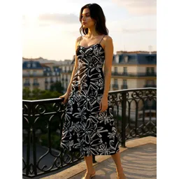 ZUMMER Women Floral Print Monochrome Fit & Flare Midi Dress-picture-12