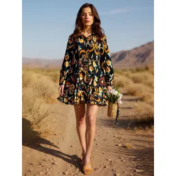 ZUMMER Women Ikat Printed Shirt Collar Puff Sleeve Fit & Flare Dress-picture-30