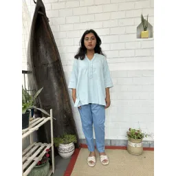 Zuri Sky Blue Kantha Embroidered Short Cotton Kurta-picture-37