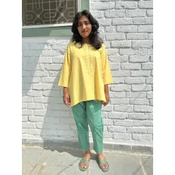 Zuri Yellow Embroidered Short Cotton Kurta-picture-22