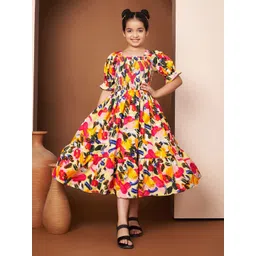ZWERLON Girls Printed Square Neck Puff Sleeve Smocked Detail Fit and Flare Midi Dress-picture-41