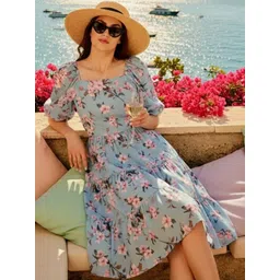 ZYNG Floral Print Puff Sleeve Chiffon Fit & Flare Midi Dress-picture-32