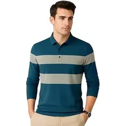 zynluxe Men's Striped Polo T-Shirt | Long Sleeve Casual Top for Men | Soft Cotton Blend | Stylish & Comfortable Regular Fit | Ideal, Office & Outings-picture-48